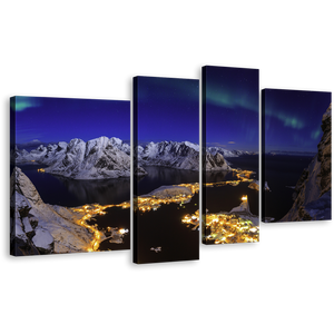 Snowy Mountains Canvas Wall Art, Blue Northern Lights Canvas Print, Aurora Village Seascape 4 Piece Canvas