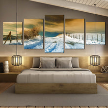 Load image into Gallery viewer, Snowy Path Canvas Print Dramatic Brown Sky Winter Scenery  5 Piece Canvas Wall Art White Road Snow Multiple Canvas In Bedroom
