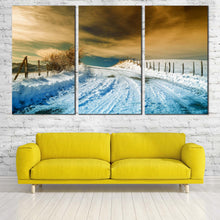 Load image into Gallery viewer, Snowy Path Canvas Print Dramatic Brown Sky Winter Scenery  3 Piece Canvas Wall Art White Road Snow Multiple Canvas In Living room
