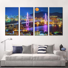 Load image into Gallery viewer, South Korea Canvas Wall Art Colorful Cityscape Bridge 4 Piece Canvas Print Busan Port City Mountains Moon Multiple Canvas In Living Room
