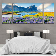 Load image into Gallery viewer, Southeastern Icelandic Canvas Print Stokksnes headland Landscape Multi Canvas Blue Batman Mountain Canvas Set Purple Lupin Flowers Scenery In Bedroom
