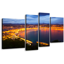 Load image into Gallery viewer, Spain Beach Canvas Print, La Concha Bay at Dusk San Sebastian's Yellow City Lights 4 Piece Canvas Set, Blue Sky City Beach Wall Art
