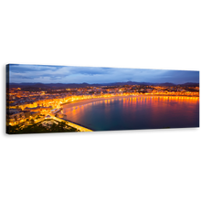Load image into Gallery viewer, Spain Beach Canvas Print, La Concha Bay at Dusk San Sebastian's Yellow City Lights Panoramic Canvas, Blue Sky City Beach Wall Art
