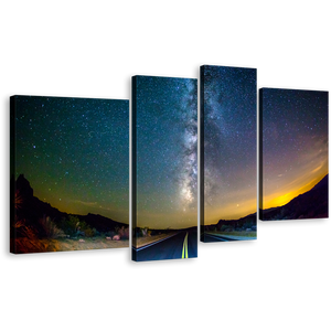 Starry Scenery Canvas Print, Blue Road Toward Milky Way Multi Canvas, Yellow Sunset Scenery 4 Piece Wall Art
