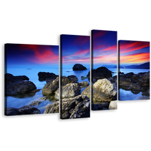 Load image into Gallery viewer, Stony Beach Canvas Print, Red Sky Ocean 4 Piece Canvas Wall Art, Blue Sea Ocean Rocks Canvas Set Canvas Print
