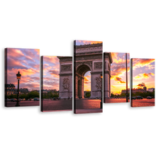 Load image into Gallery viewer, Sunset Sky Canvas Wall Art, Arc de Triomphe Canvas Set, Beautiful Yellow Purple Sky Canvas Print, Place de l'Etoile Paris 5 Piece Canvas
