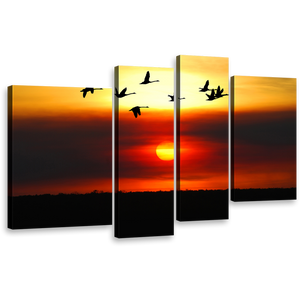 Sunset Sky Canvas Wall Art, Flying Birds Silhouette Canvas Print, Orange Yellow Sky Birds Flock 4 Piece Multiple Canvas