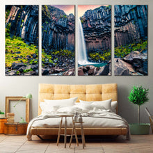 Load image into Gallery viewer, Svartifoss Waterfall Canvas Wall Art Vatnajokull National Park 4 Piece Canvas Orange Sunrise in Skaftafell Waterfall Multiple Canvas Europe Green Rocks Waterfall Scenery Canvas Print For Bedroom
