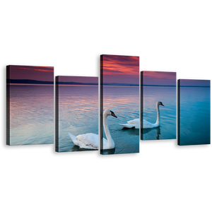 Swans Swimming Canvas Print, Blue Balaton Lake Multiple Canvas, Beautiful White Birds Couple 5 Piece Wall Art