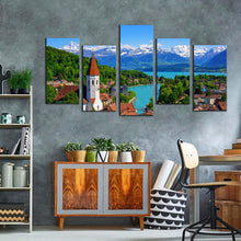 Load image into Gallery viewer, Switzerland Cityscape Canvas Wall Art Beautiful White Snow Mountain 5 Piece Canvas Print Lake Thun Green Trees Scenery Multi Canvas For Your Living room
