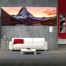 Load image into Gallery viewer, Switzerland Landscape Canvas Wall Art Brown White Matterhorn Mountain 1 Piece Canvas Print Yellow Sunset View Riffelsee Lake Canvas Artwork For Living Room
