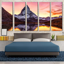 Load image into Gallery viewer, Switzerland Landscape Canvas Wall Art Brown White Matterhorn Mountain 5 Piece Canvas Print Yellow Sunset View Riffelsee Lake Multi Canvas Artwork For Bedroom
