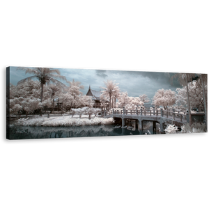 Thailand Temple Art, White Trees Scenery 1 Piece Canvas Print, Grey Cloudy Sky Wat Chalerm River Bridge Wall Art