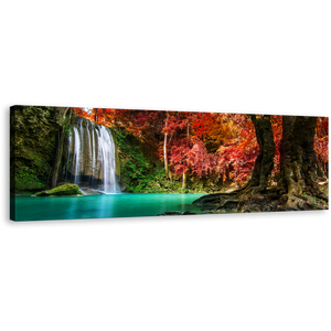 Thailand Waterfall Canvas Wall Art, Green Red Autumn Trees Forest Panoramic Canvas Artwork, White Erawan Waterfall National Park Canvas Print