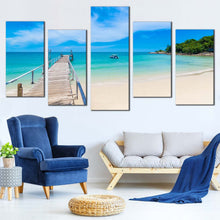Load image into Gallery viewer, Thailand Ocean Canvas Print Blue Sky Beach Canvas Wall Art White Pier Mountain Ocean Beach  5 piece Canvas In Your Living Room
