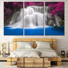 Load image into Gallery viewer, Thailand Waterfall Canvas Canvas Print Blue Water Purple Trees Waterfall 3 Piece Multi Canvas Huay Mae Khamin White Waterfall Canvas Wall Art For Bedroom

