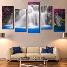 Load image into Gallery viewer, Thailand Waterfall Canvas Canvas Print Blue Water Purple Trees Waterfall 5 Piece Multi Canvas Huay Mae Khamin White Waterfall Canvas Wall Art
