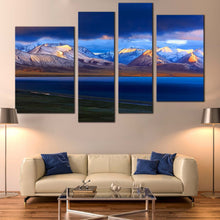Load image into Gallery viewer, Tibet Sunrise Canvas Wall Art China Blue Namtso Mountain Lake Canvas Print Yellow Sunrise Snowy Ocean Mountains 4 Piece Multiple Canvas 
