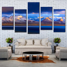 Load image into Gallery viewer, Tibet Sunrise Canvas Wall Art China Blue Namtso Mountain Lake Canvas Print Yellow Sunrise Snowy Ocean Mountains 5 Piece Multiple Canvas In Your Living Room
