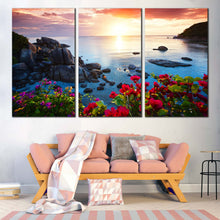 Load image into Gallery viewer, Tranquil Beach Canvas Print Koh Samui Island Yellow Sunset Multi Canvas Blue Ocean Mountains Rocks  3 Piece CanvasWall Art Thailand Red Flowers Sea Canvas Set For Living Room
