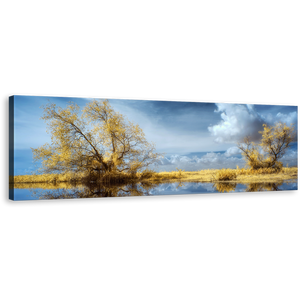 Trees Scenery Canvas Wall Art, Blue Cloudy Sky Lake Nature Canvas Artwork, Green Trees Water Reflection Scenery 1 Piece Canvas Print