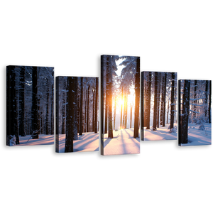 Trees Sunset Wall Art, Amazing Yellow Sky Winter Forest Canvas Set, Black Trees Strains Scenery 5 Piece Canvas Multi-panel Print