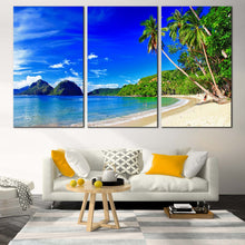 Load image into Gallery viewer, Tropical Island Canvas Wall Art Green Palm Trees  3 Piece Canvas Blue Sky Ocean Beach Canvas Print El Nido in Palawan Canvas Artwork For Living Room
