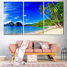 Load image into Gallery viewer, Tropical Scenery Canvas Print El Nido Green Palm Trees  3 Piece Canvas Wall Art Palawan Blue Sky Ocean Beach Canvas Set In Living Room
