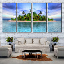 Load image into Gallery viewer, Tropical island Palm trees on the sandy beach 4 piece canvas wall art In Living room
