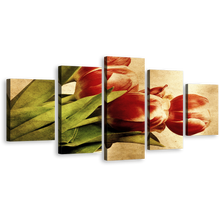 Load image into Gallery viewer, Tulips Floral Canvas Wall Art, Beautiful Green Leaves 5 Piece Canvas Multi-panel Print, Red Vintage Flowers Multi Canvas
