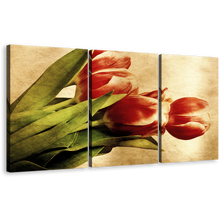Load image into Gallery viewer, Tulips Flowers Wall Art, Red Vintage Floral Multiple Canvas, Green Leaves Floral 3 Piece Canvas Print
