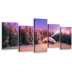 Ukraine Forest Canvas Wall Art, Purple Snow-Capped Forest with Cabins Under Blue Starry Skies 5 Piece Canvas Print
