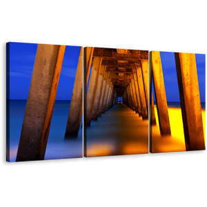 Under Pier Canvas Print, Blue Yellow Pier Ocean Triptych Multi Canvas Artwork, Orange Pier Pillar Sea  3 Piece Canvas Wall Art
