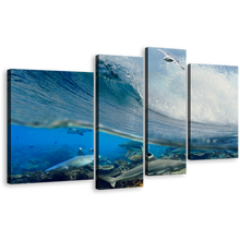 Load image into Gallery viewer, Underwater Sharks Canvas Print, Blue Ocean Waves 4 Piece Wall Art, Grey Shark Fishes Sea Multi Canvas
