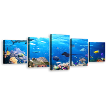 Load image into Gallery viewer, Underwater Sun Canvas Wall Art, Exotic Underwater Colorful Coral Reef 5 Piece Canvas, Blue Underwater Sun Canvas Print
