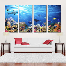 Load image into Gallery viewer, Underwater Sun Canvas Wall Art Exotic Underwater Colorful Coral Reef 4 Piece Canvas Blue Underwater Sun Canvas Print In Living Room
