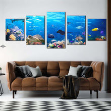 Load image into Gallery viewer, Underwater Sun Canvas WallArt Exotic Underwater Colorful Coral Reef 5 Piece Canvas Blue Underwater Sun Canvas Print In Living room
