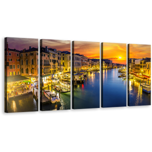 Venice City Canvas Print, Blue Grand Canal River 5 Piece Wall Art, Italy Boats Orange Sunset Sky Canvas Set