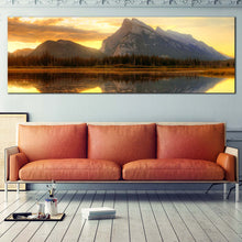 Load image into Gallery viewer, Vermillion  Lake  Canvas  Wall  Art  Green  Banff  National  Park  Wide  Canvas  Grey  Mount  Rundle  Ocean  Mountains  Living  Room  Panoramic  Canvas  Print  Canada  Yellow  Cloudy  Sunset  Sky  Canvas  Art For Living Room
