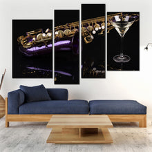 Load image into Gallery viewer, Violet Saxophone Cocktail Glass dark background 4 panel artwork
