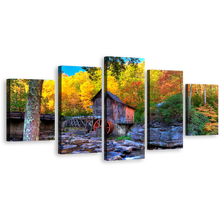 Load image into Gallery viewer, Virginia Clifftop Wall Art, Yellow Trees Fall Mountain River Multiple Canvas, Old Grist Mill Green Babcock State Park 5 Piece Canvas Print
