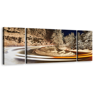 Vortex Light Canvas Wall Art, Grey Trees Winter Lights 3 Piece Canvas Set, White Light Trail Canvas Print, Snow Night Sky Triptych Multiple Canvas