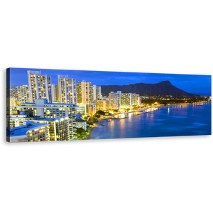 Waikiki Beach Canvas Wall Art, Honolulu Hawaii Yellow City Lights Panorama Canvas, Blue City Beach Landscape Canvas Print