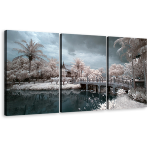 Wat Chalerm Canvas Print, Thailand Grey Sky Bridge River 3 Piece Multi Canvas, White Trees Scenery Wall Art