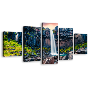 Waterfall Iceland Wall Art, Orange Sunrise in Skaftafell 5 Piece Canvas Print, Europe Green Rocks Waterfall Scenery Canvas Multi-panel Art