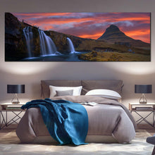Load image into Gallery viewer, Waterfall  Iceland  Canvas  Wall  Art  Green  Kirkjufell  Mountains  Bedroom  Panoramic  Canvas  Waterfall  Iceland  At  Orange  Sunrise  Canvas  Print For Bedroom
