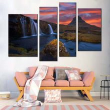 Load image into Gallery viewer, Waterfall Iceland Canvas Wall Art Green Kirkjufell Mountains Multi Panel Canvas Waterfall Iceland At Orange Sunrise  4 Piece Canvas Print 
