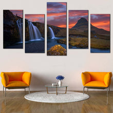 Load image into Gallery viewer, Waterfall Iceland Canvas Wall Art Green Kirkjufell Mountains Multi Panel Canvas Waterfall Iceland At Orange Sunrise  5 Piece Canvas Print 
