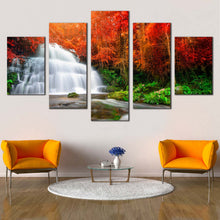 Load image into Gallery viewer, Waterfall  Streaming  Canvas  Wall  Art  Orange  Autumn  Trees  Rocks  River  5  Piece  Canvas  Waterfall  Green  Forest Canvas  Print In Living room
