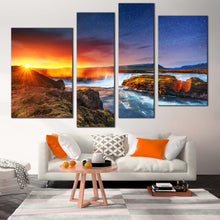 Load image into Gallery viewer, Waterfall Sunshine Canvas  Wall Art White North Iceland Milky Way 4 Piece Canvas Yellow Hodafoss Waterfall Canvas Print 
